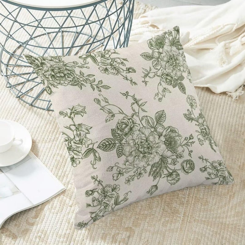 AEIOAE Chinoiserie Floral Pillow Covers 18 x 18 Inch Set of 2, Vintage Sage Green Flower Decorative Throw Pillow Covers Outdoor Linen Farmhouse Decor Pillowcase for Home Sofa - Image 5