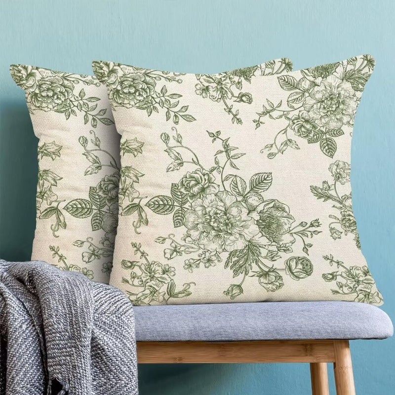 AEIOAE Chinoiserie Floral Pillow Covers 18 x 18 Inch Set of 2, Vintage Sage Green Flower Decorative Throw Pillow Covers Outdoor Linen Farmhouse Decor Pillowcase for Home Sofa - Image 4