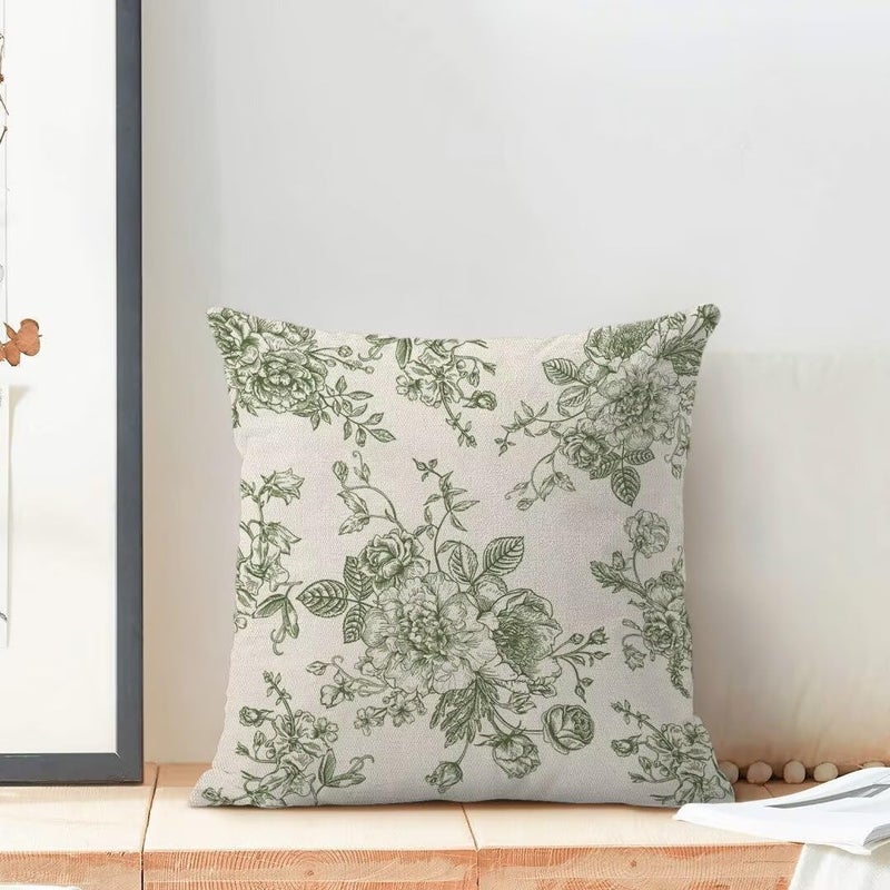 AEIOAE Chinoiserie Floral Pillow Covers 18 x 18 Inch Set of 2, Vintage Sage Green Flower Decorative Throw Pillow Covers Outdoor Linen Farmhouse Decor Pillowcase for Home Sofa - Image 3