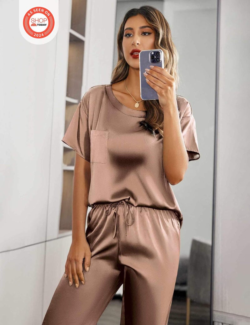 Ekouaer Womens Silk Satin Pajamas Set Two Piece Pj Sets Sleepwear Loungewear Short Sleeve Pj Sets Coffee - Image 2