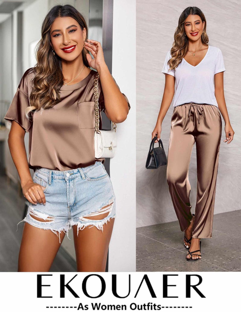 Ekouaer Womens Silk Satin Pajamas Set Two Piece Pj Sets Sleepwear Loungewear Short Sleeve Pj Sets Coffee - Image 5