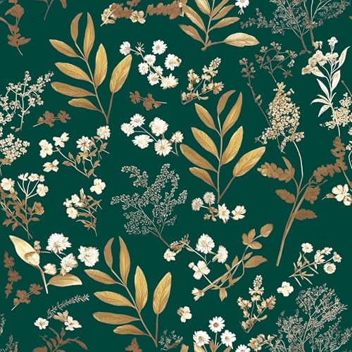 Laatse Dark Green Floral Wallpaper Peel and Stick Green Golden Leaf Wallpaper Vintage Floral Contact Paper Waterproof Self Adhesive Boho Delicate Wall Paper for Cabinet Rooms Desk Locker 175in x328ft - Image 1