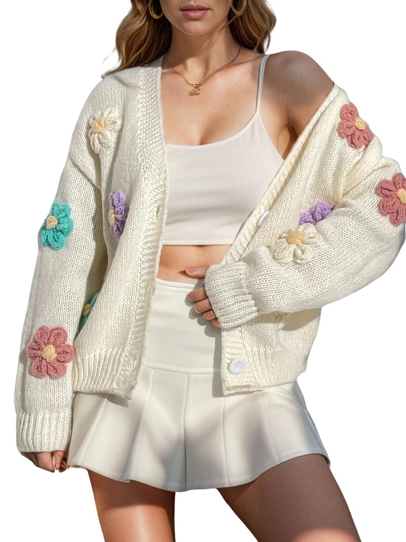 ebossy Women's Ribbed Knit Cardigans Embroidery Aesthetic Pretty Flowers Applique Button Up Sweater Coat (XL, White) - Image 1