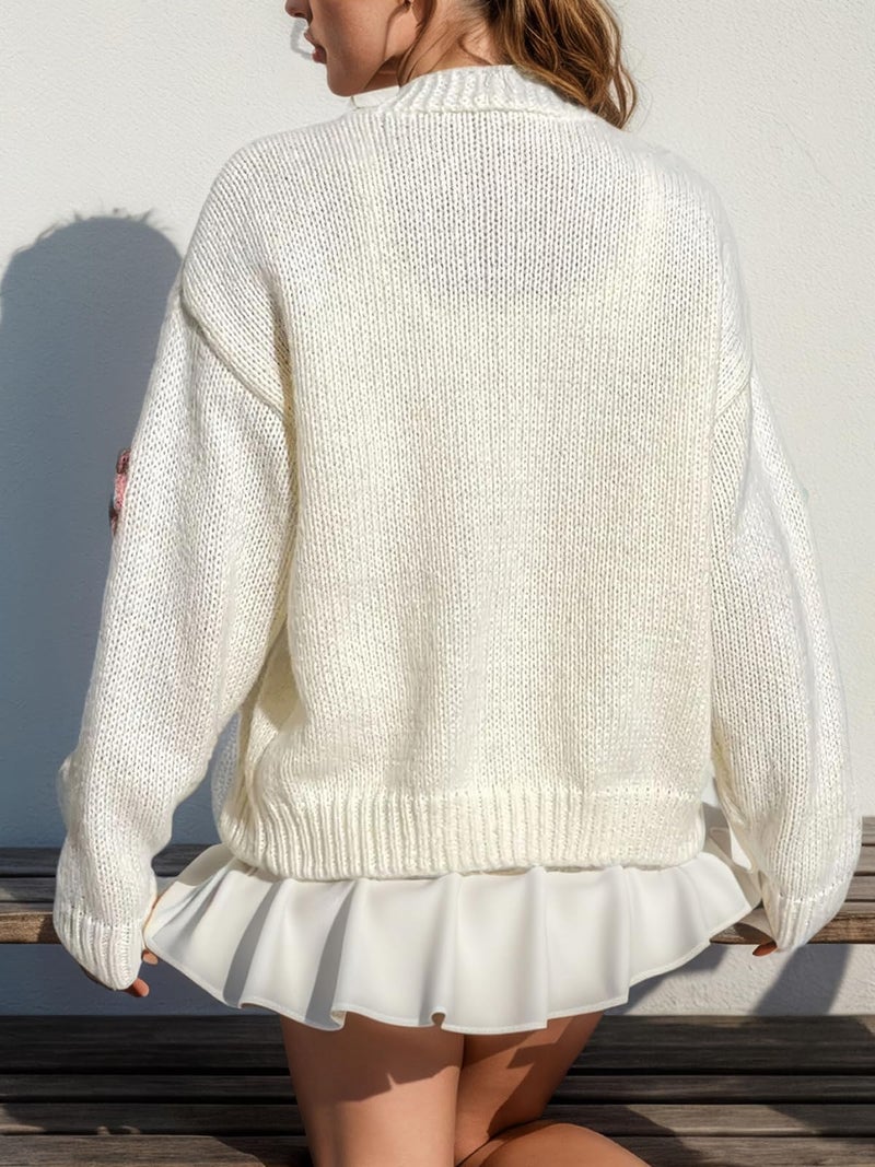 ebossy Women's Ribbed Knit Cardigans Embroidery Aesthetic Pretty Flowers Applique Button Up Sweater Coat (XL, White) - Image 3