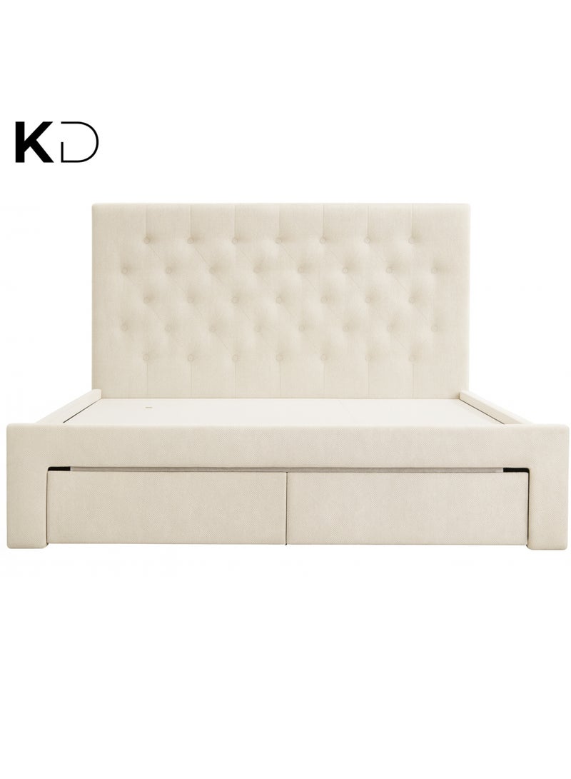 كستم ديكو سرير تخزين مبطن من KustomDeco مع لوح رأس مرتفع وأدراج مدمجة - سرير بيج بتصميم قابل للتخصيص مقاس كينج 180 × 200 سم لغرفة المعيشة - Image 2