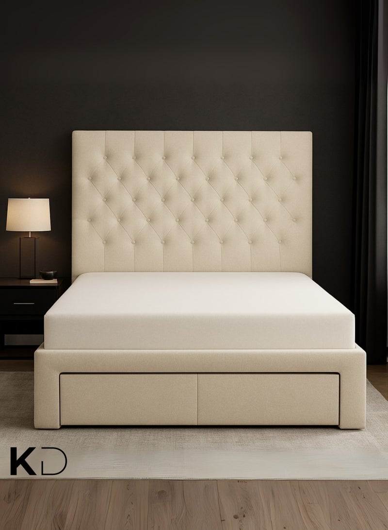 كستم ديكو سرير تخزين مبطن من KustomDeco مع لوح رأس مرتفع وأدراج مدمجة - سرير بيج بتصميم قابل للتخصيص مقاس كينج 180 × 200 سم لغرفة المعيشة - Image 3