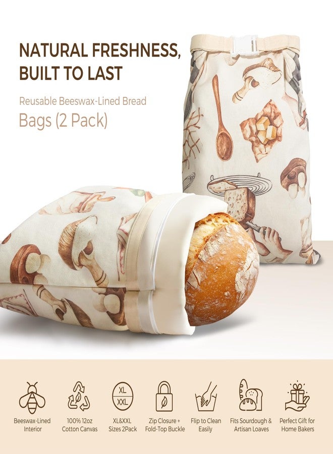 Akeeko Reusable Beeswax Bread Bags for Homemade Bread (2 Pack) - XXL 13"x19" & XL 13"x17", Zip-Closure Beeswax-Lined Cotton Pouch & Fold-Top Buckle Handle, Washable & Plastic-Free Alternative for Sourdough - Image 2