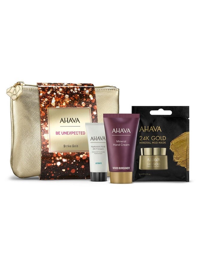 AHAVA Strike Gold Gift Set, Includes Hyaluronic Acid 24/7 Cream 15Ml, Mineral Hand Cream Vivid Burgundy 40Ml, And Single Use 24Kgold Mineral Mud Mask 6Ml  - Image 1