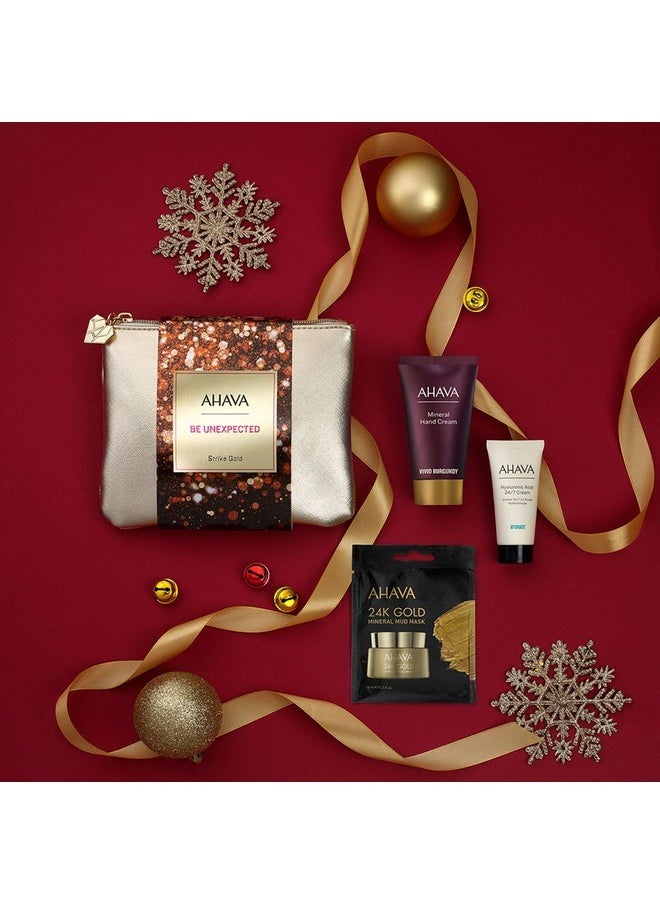 AHAVA Strike Gold Gift Set, Includes Hyaluronic Acid 24/7 Cream 15Ml, Mineral Hand Cream Vivid Burgundy 40Ml, And Single Use 24Kgold Mineral Mud Mask 6Ml  - Image 3