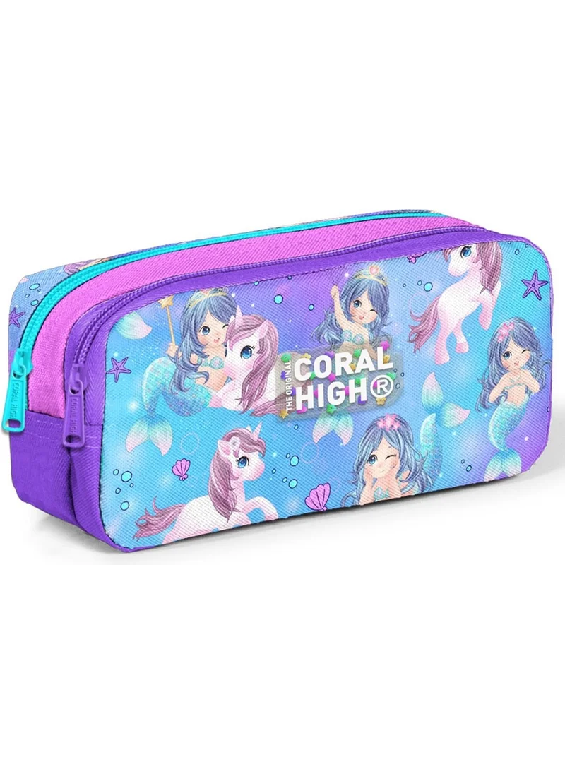 CORAL HIGH Kids Purple Pink Unicorn Mermaid Patterned Two Compartment Pencil Bag 12090