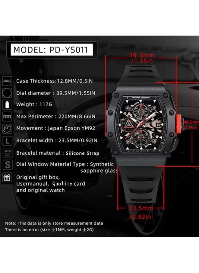 PAGANI DESIGN - Men's Quartz Watch, Men's Stainless Steel Waterproof Watch, Silicone Strap Is Lighter, Waterproof, Wear-Resistant, Non-Sweat-Absorbent, Highly Flexible And Comfortable, Suitable For Sports Or Outdoor Activities, PD--YS011 Black - Image 1