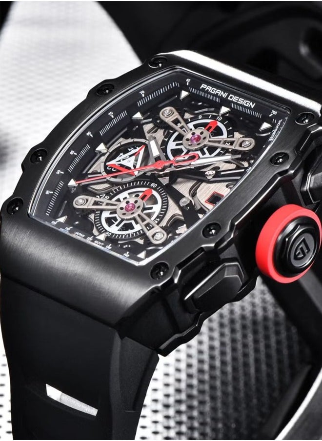 PAGANI DESIGN - Men's Quartz Watch, Men's Stainless Steel Waterproof Watch, Silicone Strap Is Lighter, Waterproof, Wear-Resistant, Non-Sweat-Absorbent, Highly Flexible And Comfortable, Suitable For Sports Or Outdoor Activities, PD--YS011 Black - Image 1