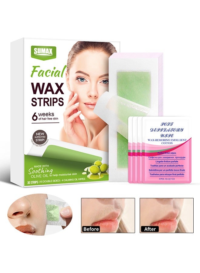 SUMAX Facial Wax Strips for Hair Removal, Double Sides Facial Body Wax Strips, Waxing Kit with (30 Face Wax Strips+4 Calming Oil Wipes)  For Women Man - Image 1