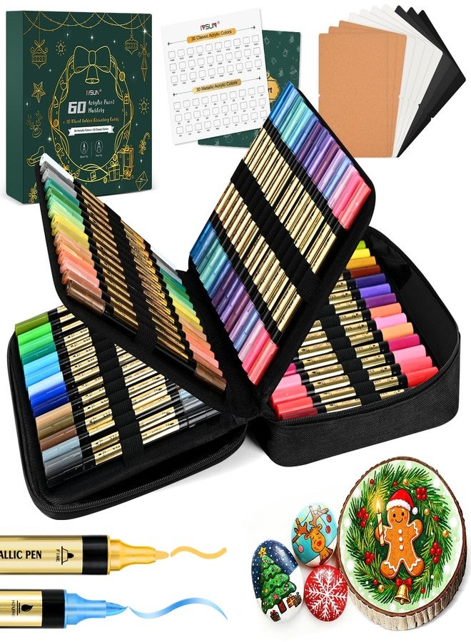 IVSUN Metallic Marker Pens, 30 Metallic & 30 Regular Colors Dual Tip Acrylic Paint Pens for Black Paper, Photo Album, Rock Painting, Wood, Card Making, DIY Crafts, Scrapbook Supplies - Image 1