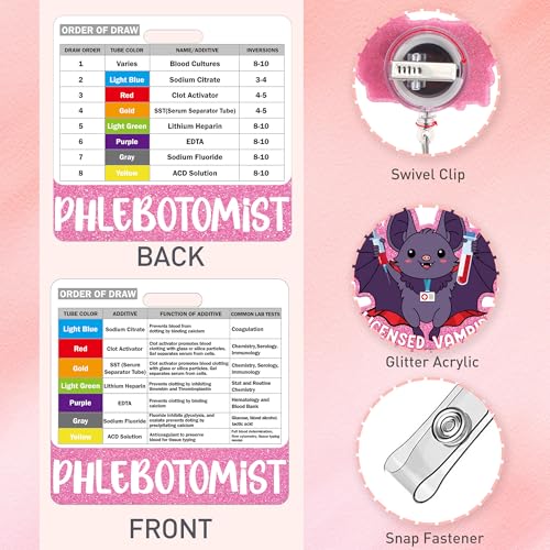 MENIFEND Phlebotomy Badge Reel and Order of Draw Badge Card, Cute Bat Retractable ID Holder and Buddy Card with Order of Draw Reference, Phlebotomist Work Accessories Gift - Image 2