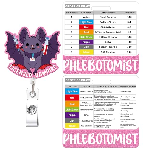 MENIFEND Phlebotomy Badge Reel and Order of Draw Badge Card, Cute Bat Retractable ID Holder and Buddy Card with Order of Draw Reference, Phlebotomist Work Accessories Gift - Image 1