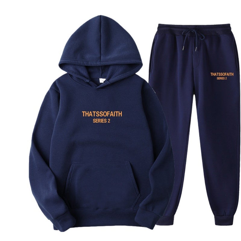 Fleece-Lined Hooded Sweatshirt and Pants Two-Piece Set, Loose Fit Long Sleeve Pullover with Letter Print, Sizes S-XXXL