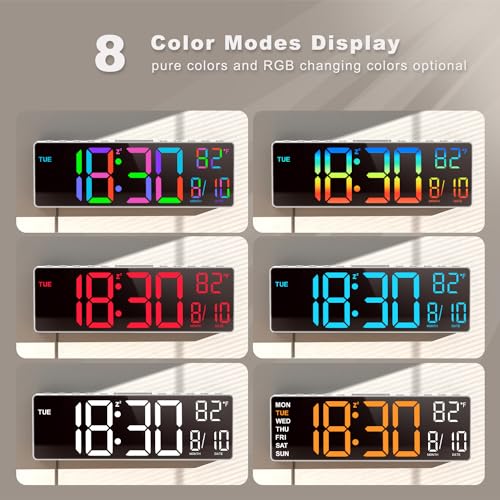 JALL 10.5'' Large Digital Wall Clock with Remote Control, Dual Alarm with Big LED Screen Dispaly, 8 RGB Colors, Auto DST, Temperature for Living Room, Bedroom, Gift for Elderly (White, 10.5 inches) - Image 3