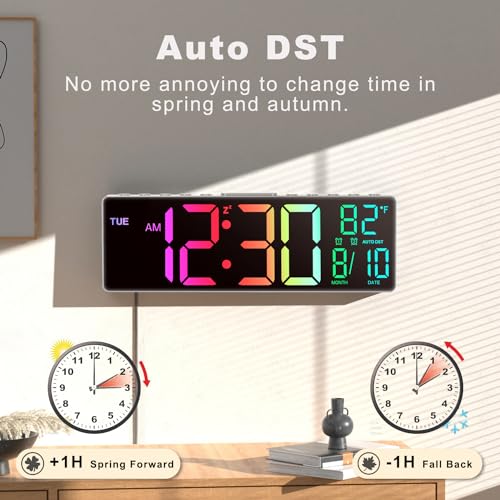 JALL 10.5'' Large Digital Wall Clock with Remote Control, Dual Alarm with Big LED Screen Dispaly, 8 RGB Colors, Auto DST, Temperature for Living Room, Bedroom, Gift for Elderly (White, 10.5 inches) - Image 5