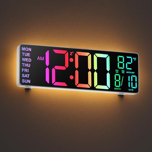 JALL 10.5'' Large Digital Wall Clock with Remote Control, Dual Alarm with Big LED Screen Dispaly, 8 RGB Colors, Auto DST, Temperature for Living Room, Bedroom, Gift for Elderly (White, 10.5 inches) - Image 1