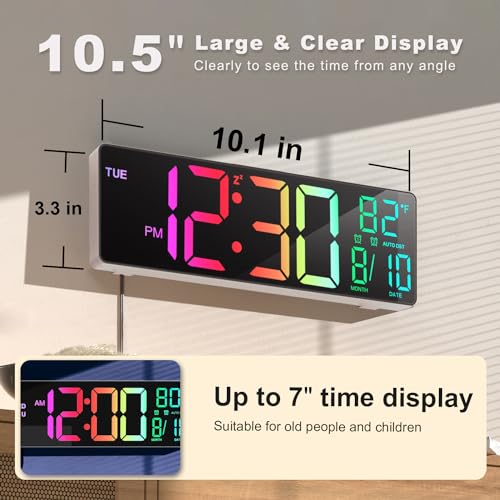 JALL 10.5'' Large Digital Wall Clock with Remote Control, Dual Alarm with Big LED Screen Dispaly, 8 RGB Colors, Auto DST, Temperature for Living Room, Bedroom, Gift for Elderly (White, 10.5 inches) - Image 2