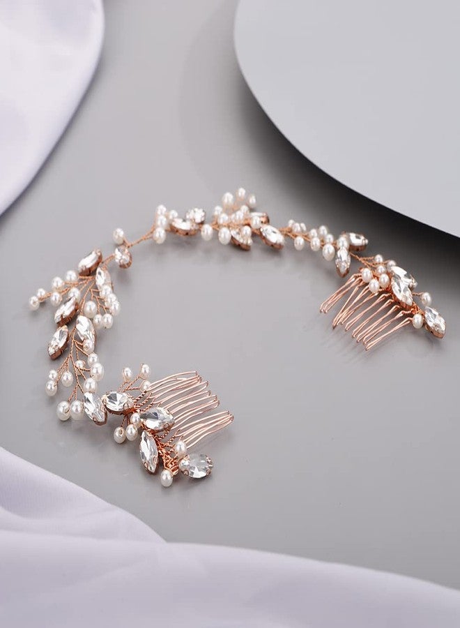 BERYUAN Hair Vine for Women Bridal Hair Comb for Bride Pearls Crystal Hair Comb Slide ROSE GOLD - Image 3
