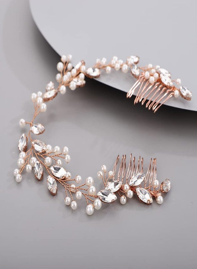 BERYUAN Hair Vine for Women Bridal Hair Comb for Bride Pearls Crystal Hair Comb Slide ROSE GOLD - Image 2