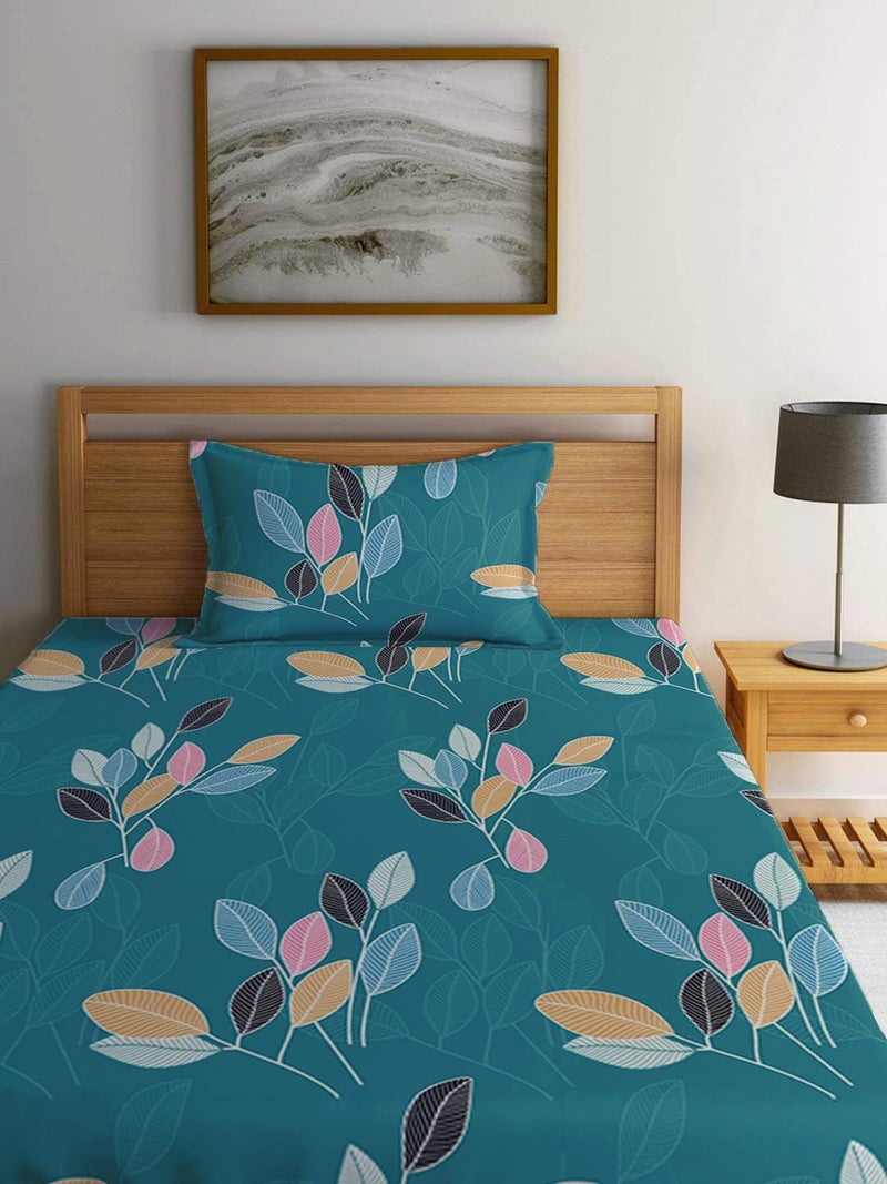 LOOMLYFE 300 TC Cotton Feel Glace Elastic Fitted Printed Single Bed Bedsheet with 1 Pillow Cover Fits Upto 6 Inches Mattress,Size- 42X75X8 Inches, Green Leaves - Image 3