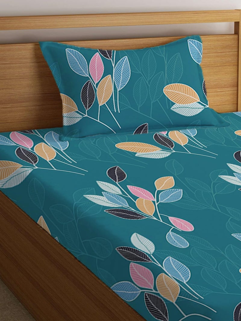 LOOMLYFE 300 TC Cotton Feel Glace Elastic Fitted Printed Single Bed Bedsheet with 1 Pillow Cover Fits Upto 6 Inches Mattress,Size- 42X75X8 Inches, Green Leaves - Image 2