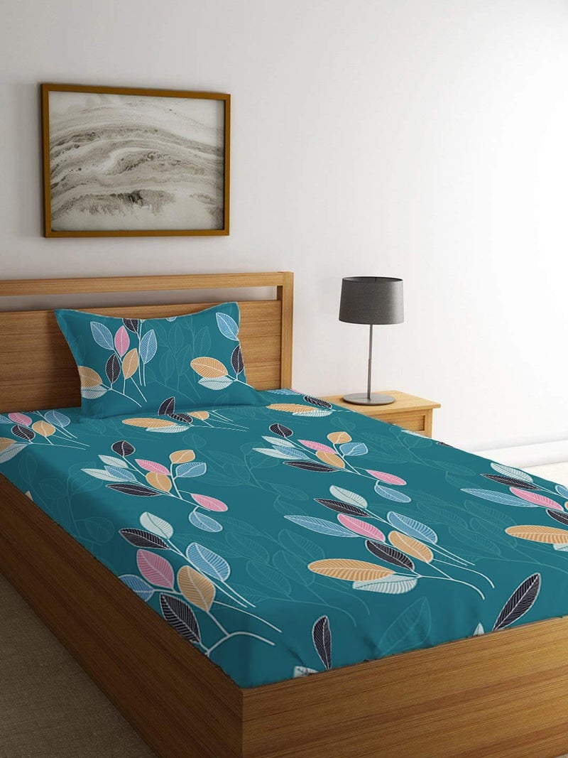 LOOMLYFE 300 TC Cotton Feel Glace Elastic Fitted Printed Single Bed Bedsheet with 1 Pillow Cover Fits Upto 6 Inches Mattress,Size- 42X75X8 Inches, Green Leaves - Image 1