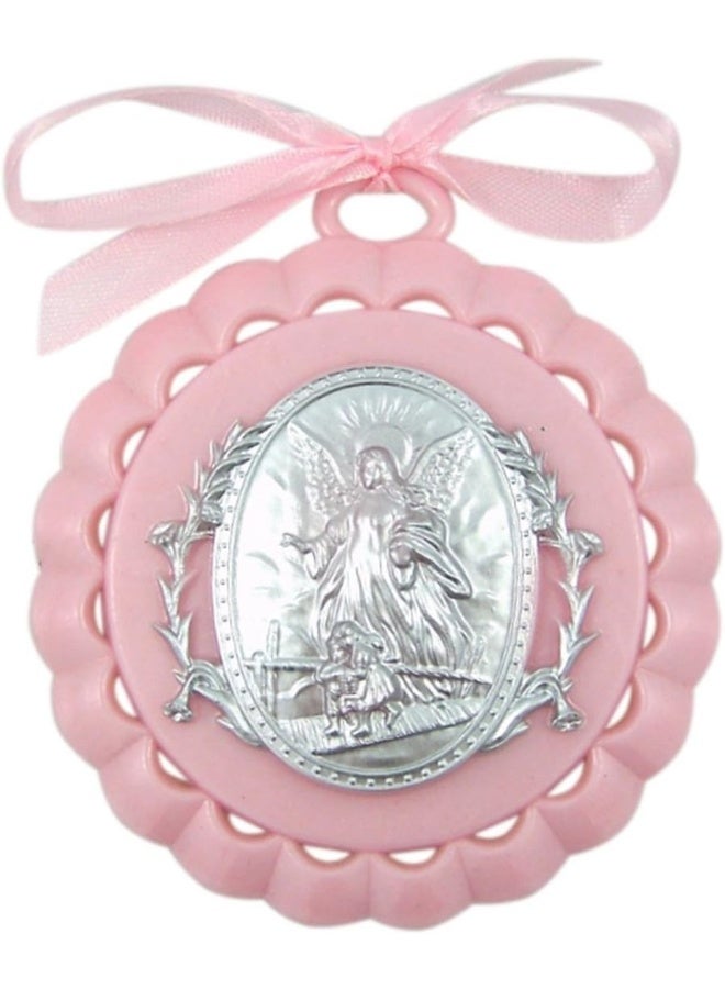 WJH Moulded Acrylic Pink Crib Medal with Guardian Angel for Baby Girl Nursery Decor - Image 1