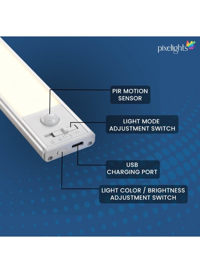 بيكسليتس Rechargeable 3 Color Under Cabinet Light, 170lumen Dimmable Night Light, Motion Sensor, 2200mAh Battery, 2YEARS Warranty, Magnetic Mounting for Wardrobe, Kitchen, cupboard (40cm - 2pack) - Image 3