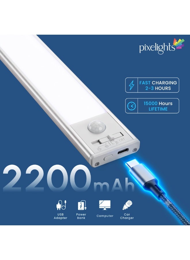 بيكسليتس Rechargeable 3 Color Under Cabinet Light, 170lumen Dimmable Night Light, Motion Sensor, 2200mAh Battery, 2YEARS Warranty, Magnetic Mounting for Wardrobe, Kitchen, cupboard (40cm - 2pack) - Image 2