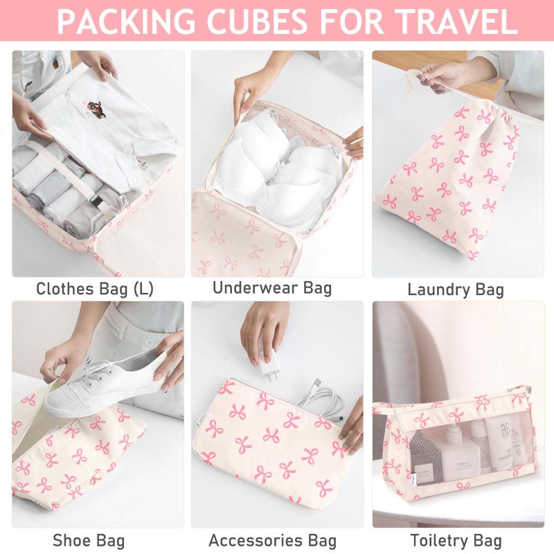 KPX 8 Set Packing Cubes for Travel, Luggage Packing Organizers Accessories Large Toiletries Bag for Clothes Shoes Cosmetics (8Set-Pink Bow) - Image 4
