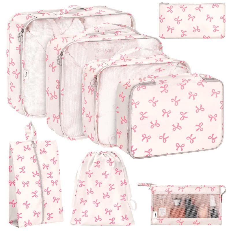 KPX 8 Set Packing Cubes for Travel, Luggage Packing Organizers Accessories Large Toiletries Bag for Clothes Shoes Cosmetics (8Set-Pink Bow) - Image 1