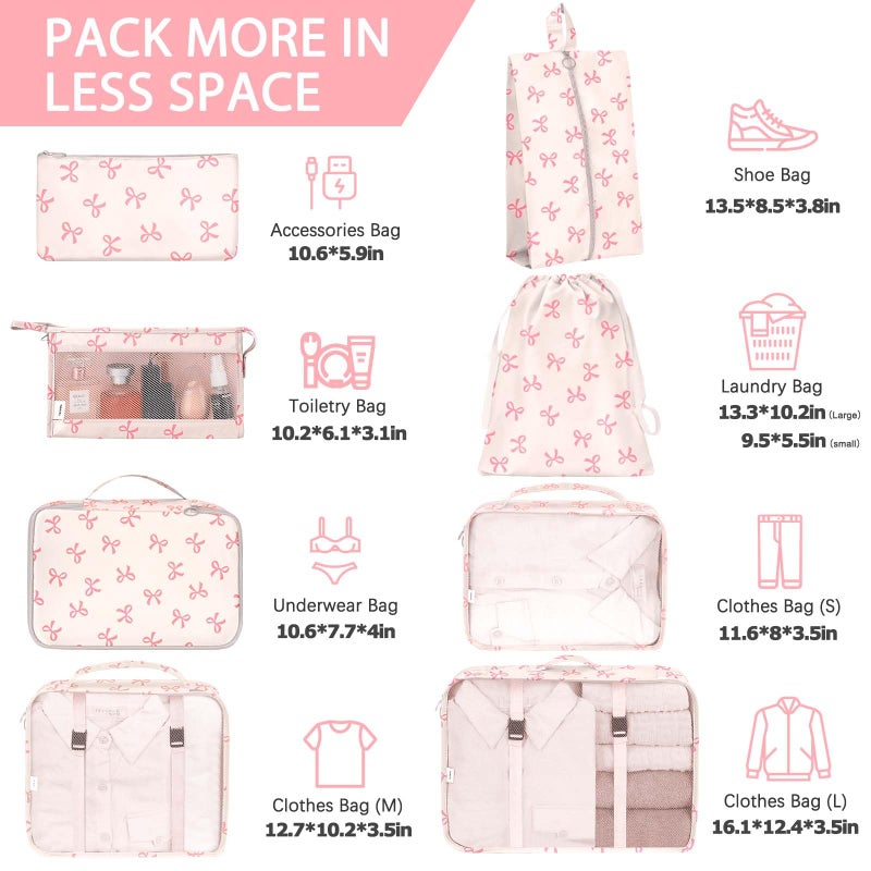 KPX 8 Set Packing Cubes for Travel, Luggage Packing Organizers Accessories Large Toiletries Bag for Clothes Shoes Cosmetics (8Set-Pink Bow) - Image 2