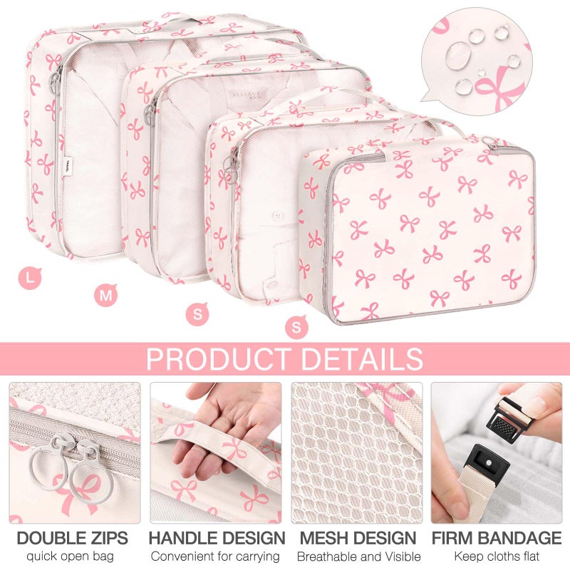 KPX 8 Set Packing Cubes for Travel, Luggage Packing Organizers Accessories Large Toiletries Bag for Clothes Shoes Cosmetics (8Set-Pink Bow) - Image 3