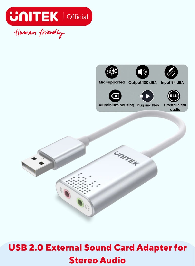 UNITEK محول بطاقة صوت ستيريو خارجية USB 2.0، USB-A إلى مقبس سماعة رأس وميكروفون 3.5 مم، صوت واضح كريستالي، لنظام ويندوز/ماك. - Image 1