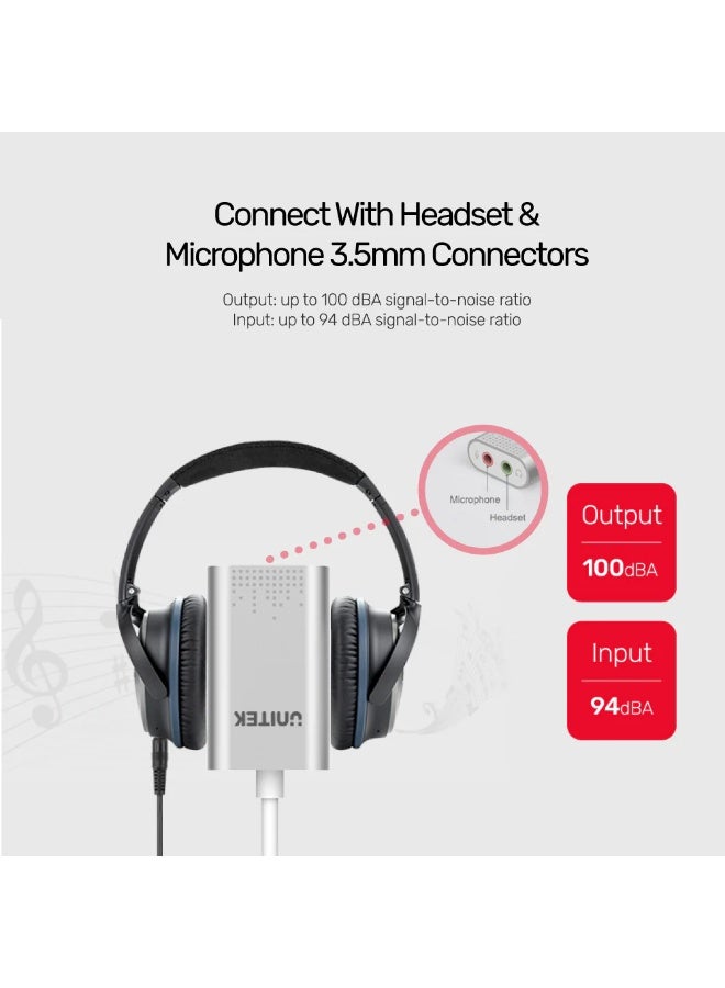UNITEK محول بطاقة صوت ستيريو خارجية USB 2.0، USB-A إلى مقبس سماعة رأس وميكروفون 3.5 مم، صوت واضح كريستالي، لنظام ويندوز/ماك. - Image 3