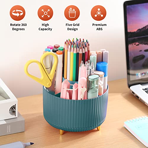 EDENMS Desk Pencil Pen Holder, 5 Slots 360°Degree Rotating Pen Organizers for Desk, Desktop Storage Stationery Supplies Organizer, Cute Pencil Cup Pot for Office, School, Home, Art Supply, Dark Green - Image 2