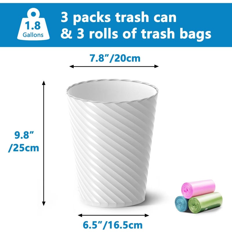 Lysam Bathroom Trash Can, 3 Pack 1.8 Gallons Small Trash Can with Trash Bags, Bathroom Garbage Can, Plastic Trash Bin, Round Waste Basket for Living Room, Bedroom, Office, Kitchen, Compact Space (White) - Image 3