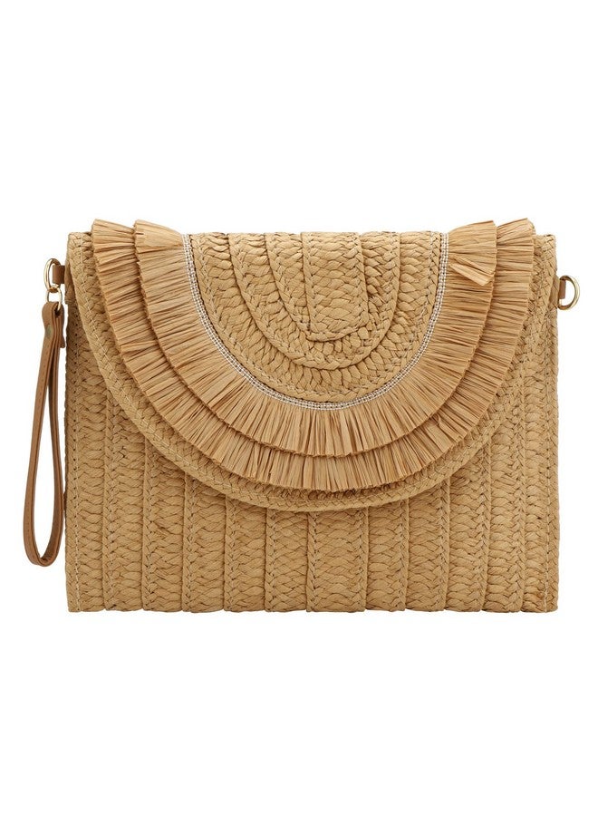 Gets Straw Clutch Straw Clutch Women Handwoven For Summer Beach Envelope Clutch Purse Wallet (Raffia Fringed Khaki) One Size  - Image 1