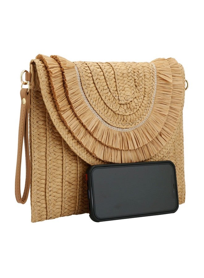 Gets Straw Clutch Straw Clutch Women Handwoven For Summer Beach Envelope Clutch Purse Wallet (Raffia Fringed Khaki) One Size  - Image 3
