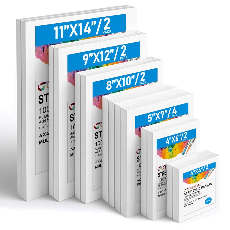 Gotideal Canvas for Painting 14 Pcs Muti Pack Stretched Painting Canvas Blank Paint Canvas for Acrylic Oil Art Supplies for Artists Adults 4x44x6 5x7 8x109x12 11x14 Set of 14
