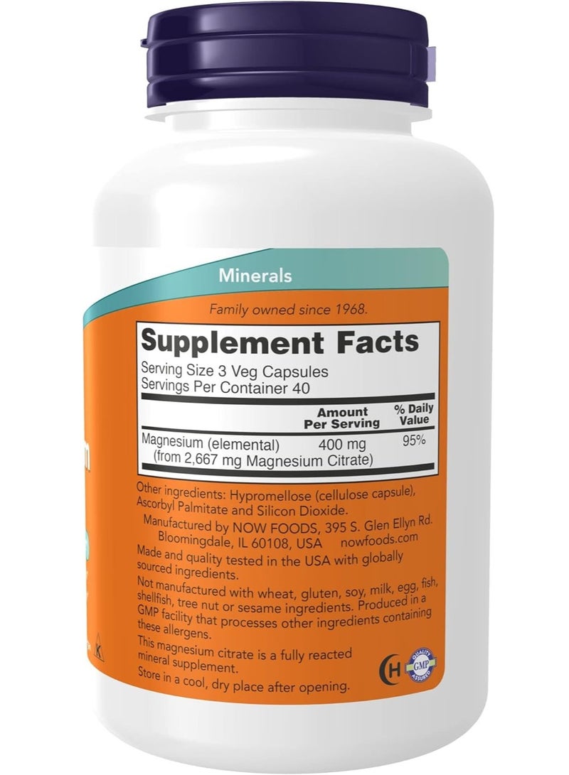 NOW Supplements, Magnesium Citrate, Enzyme Function, Nervous System Support, 120 Veg Capsules - Image 2