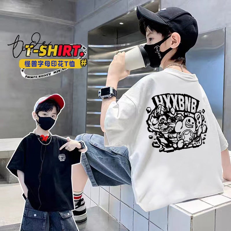 Boys Summer T-Shirt Short-Sleeved Children'S Summer Cotton Half-Sleeved T-Shirt Boys Trendy Brand Fried Street Top T - Image 1