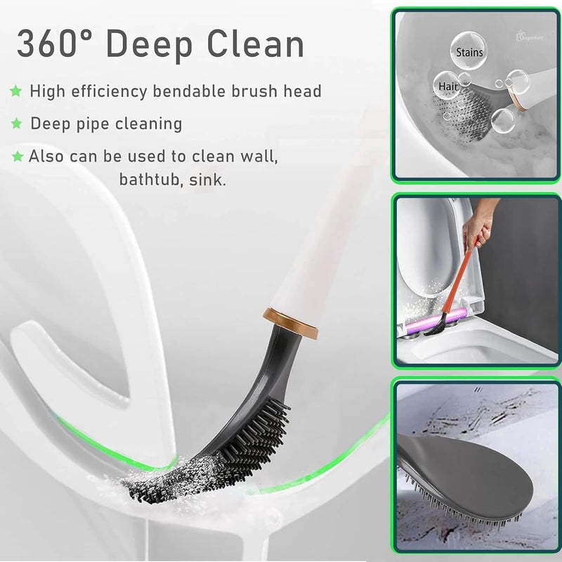 Caltero Silicone Toilet Cleaner Brush with Non-Slip Long Handle and Holder Set Flexible Stand Western Toilet Bowl Cleaning Brushes for Bathroom with Wall Mounted Holder - Image 5