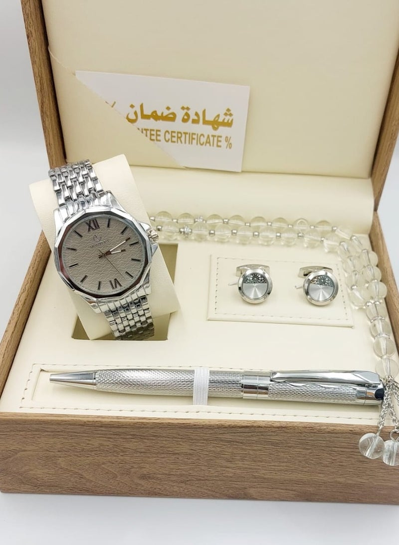 مونتيرا طقم رجالي مكون من ٤ قطع ساعة وقلم وكبك وسبحه