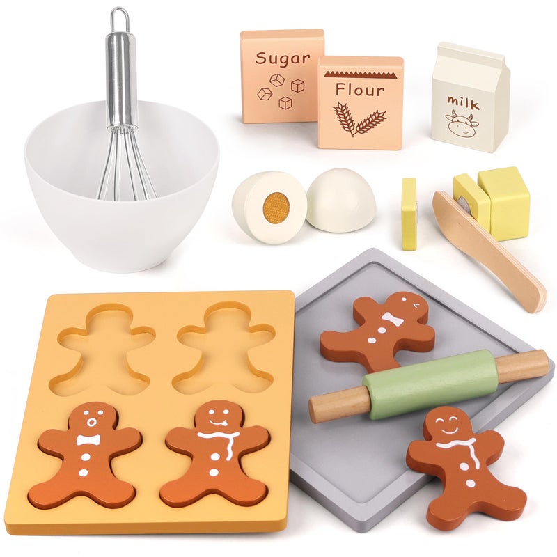 Pillowhale Wooden Gingerbread Cookie Baking Set 18 Pcs Pretend Play Kitchen Toy with Whisk Bowl Tray Rolling Pin  Expressive Cookies Pretend Play Baking Set Montessori Gift for Kids Ages 3 - Image 3