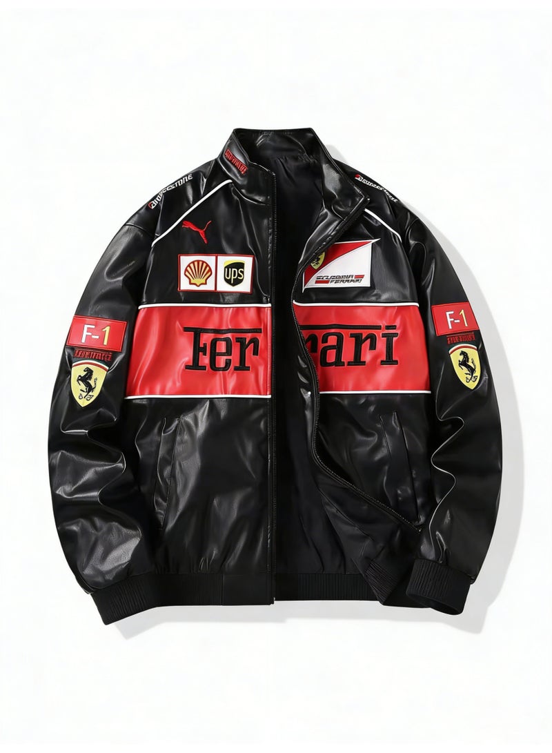 اف 1 Leather Racing Jacket - Black  Red Color Block, Shell/UPS Sponsor Logos, Full-Zip Design, Faux Leather Fabric, Official Motorsport Apparel for Fans  Streetwear Styling - Image 5